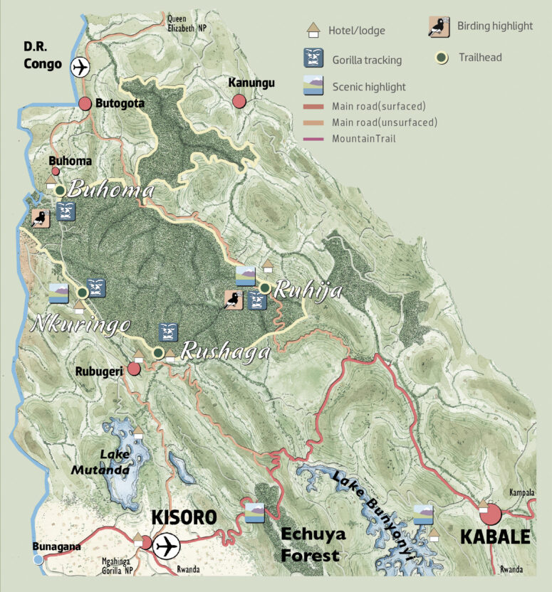 Carte du parc national de la Forêt Impénétrable de Bwindi, Ouganda